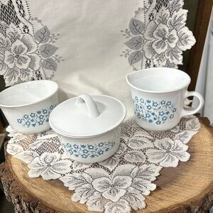 vintage Corelle Blue Heather creamer and sugar bowl set by Corning.